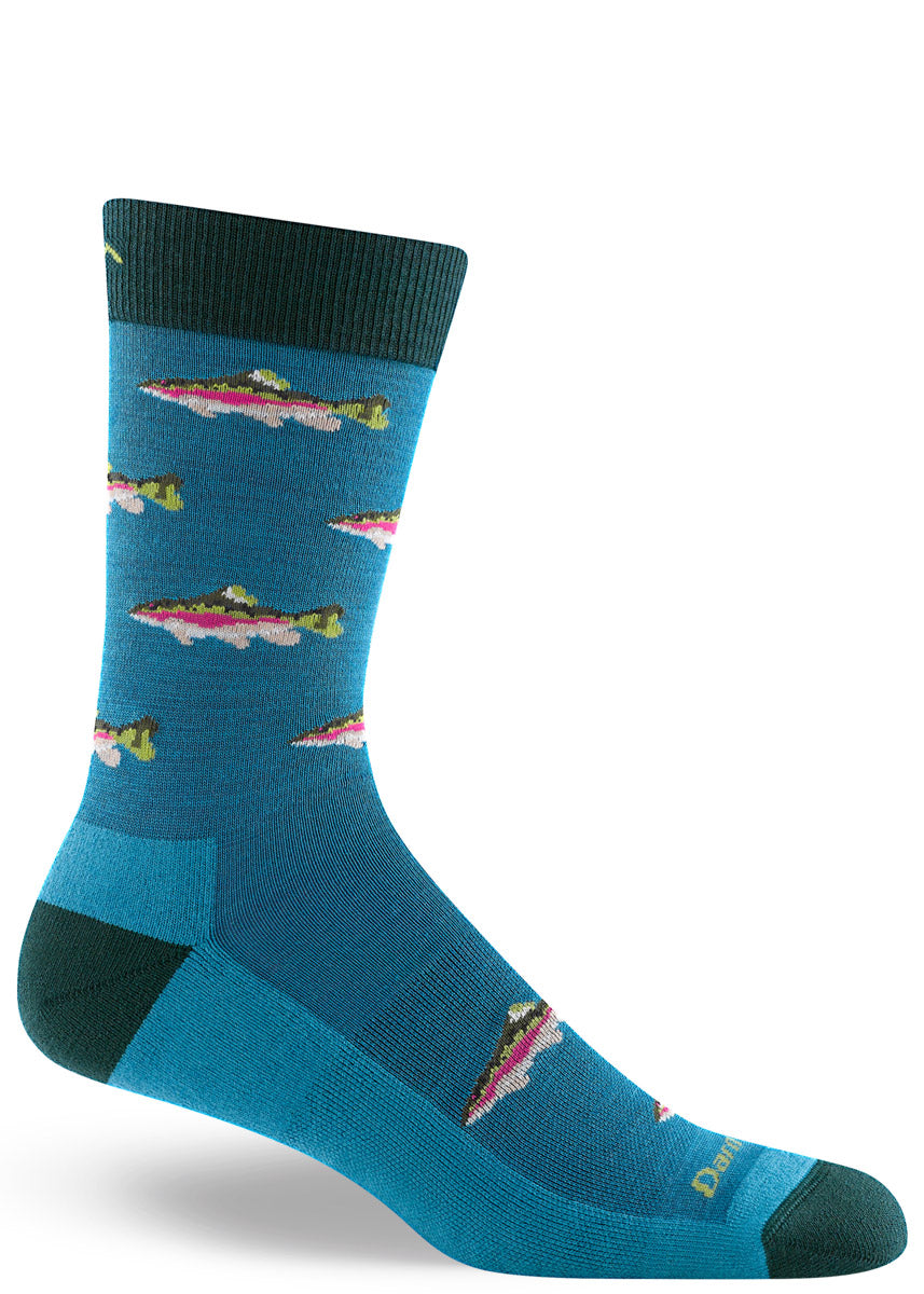 Blue cushioned wool socks for men with a colorful fish design.