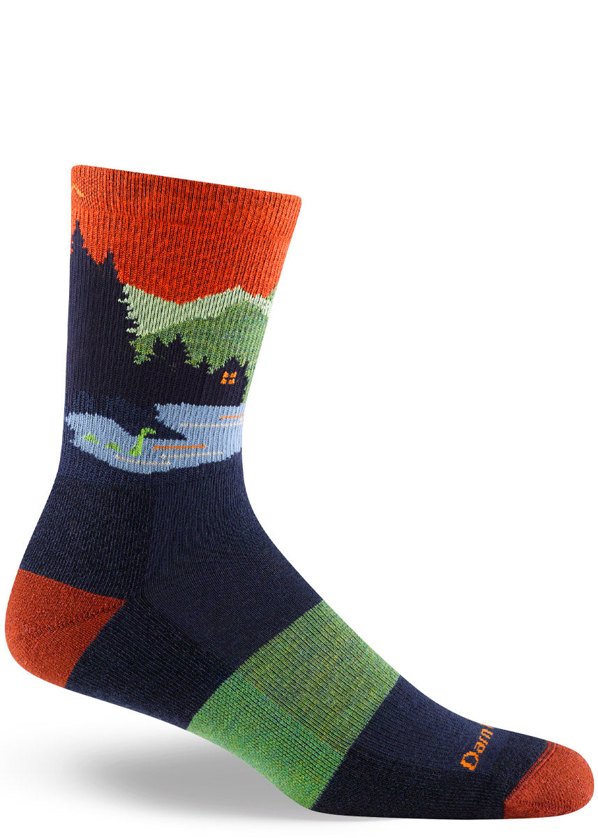 Men's crew hiking socks depict Sasquatch and an alien drinking beer while the Loch Ness Monster looks on, in shades of orange, navy and green.