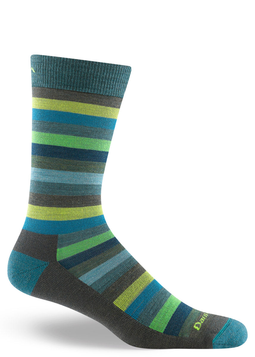 Striped wool socks for men with a mix of teal, green, and gray.