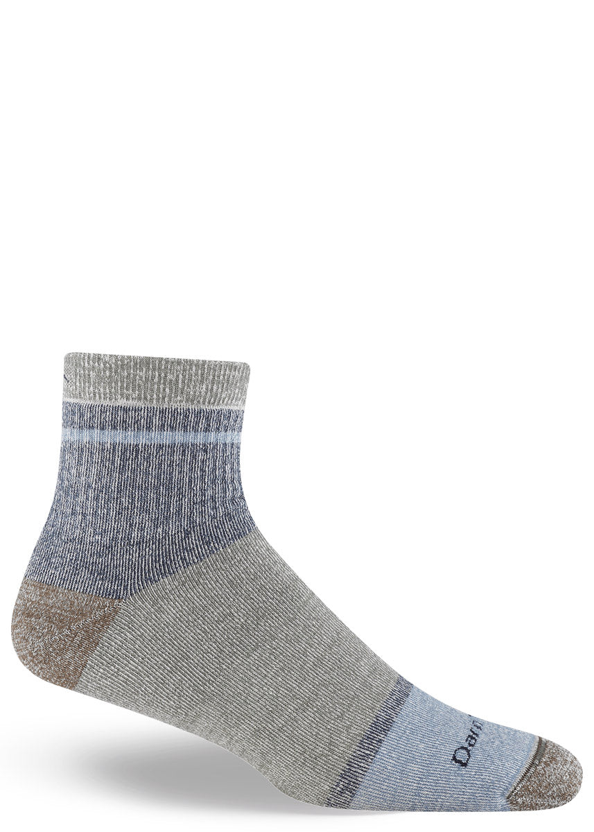 Merino wool lounge ankle socks for men with gray, brown and blue accents.