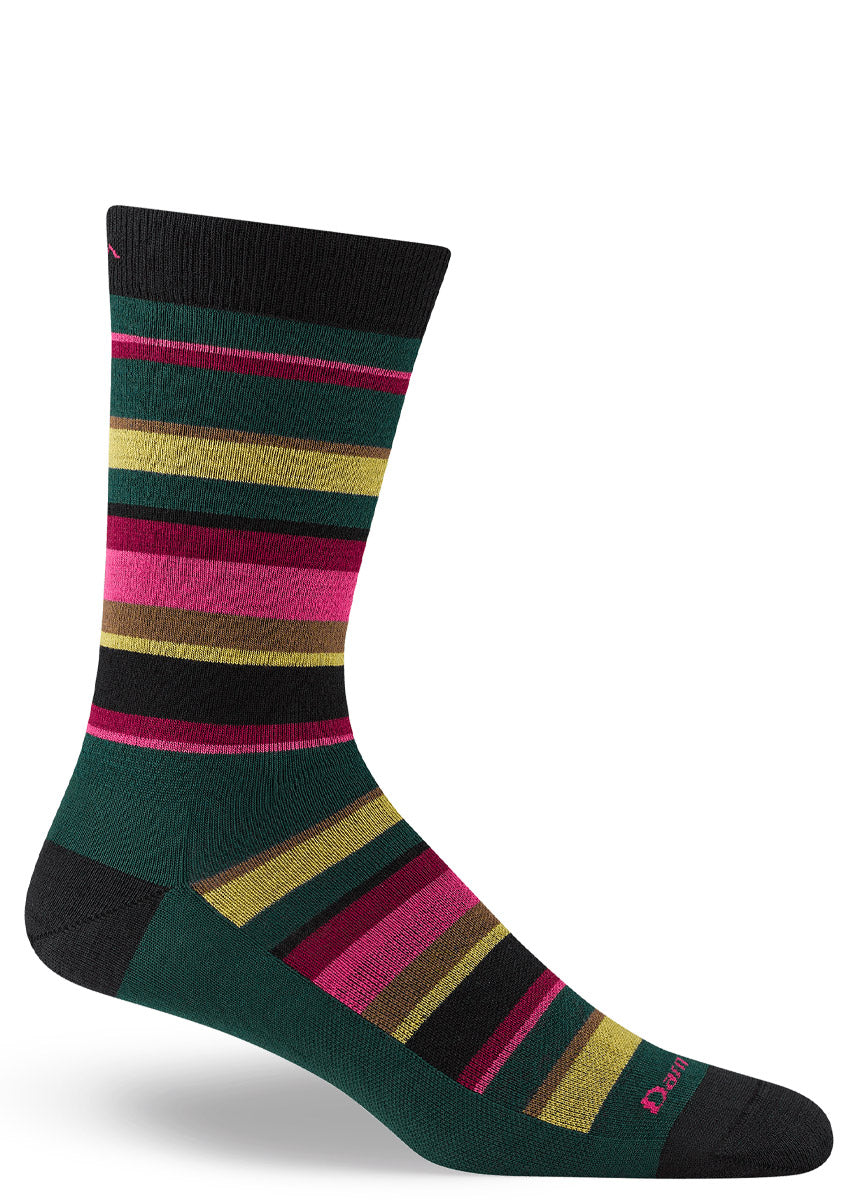 Colorful striped men&#39;s crew sock in green, pink and gold.