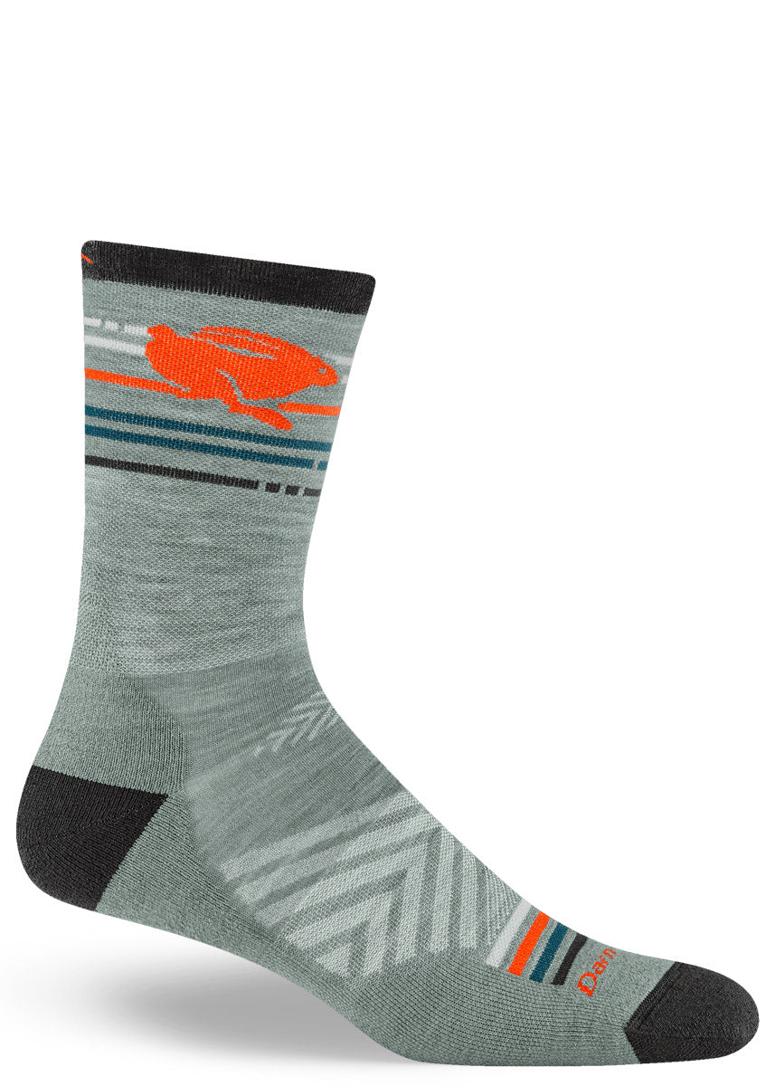 Green-gray crew sock with orange racing hare design and striped accents.