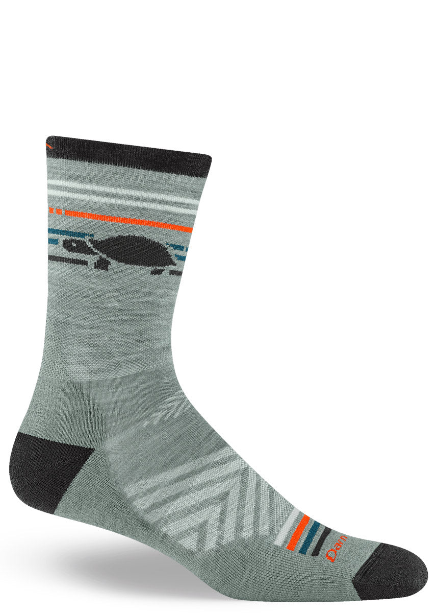 Green-gray crew sock with brown racing tortoise design and striped accents.