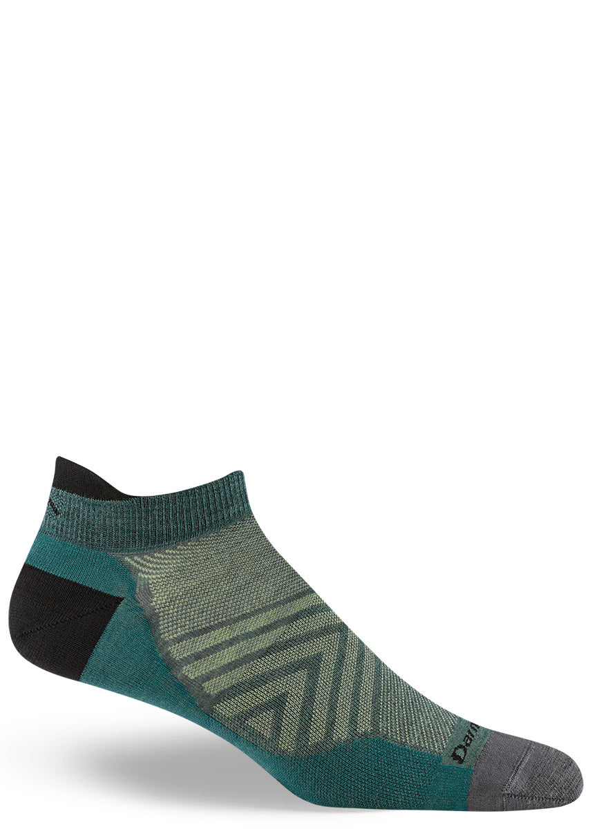 Lightweight wool athletic ankle socks for runners with a pull-on tab, in shades of teal. 