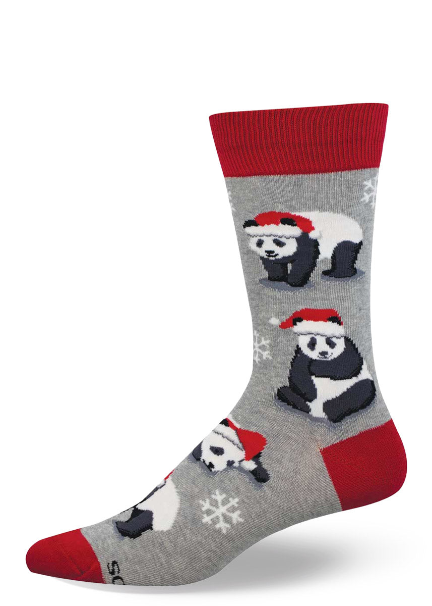 Christmas-themed gray men's crew sock with a design of panda bears wearing Santa hats.
