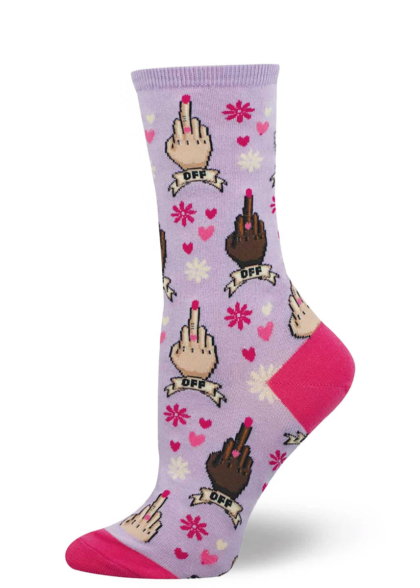 Light purple crew socks with hot pink accents for women with an allover pattern of hands flipping the middle finger with the word "off" written underneath. 