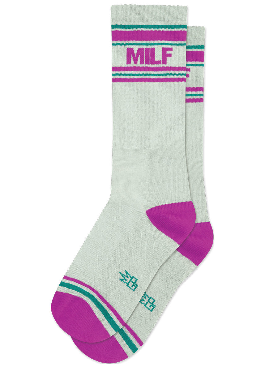 Light gray retro-style striped gym socks say “MILF" accented with purple and teal stripes at the heel and toe.