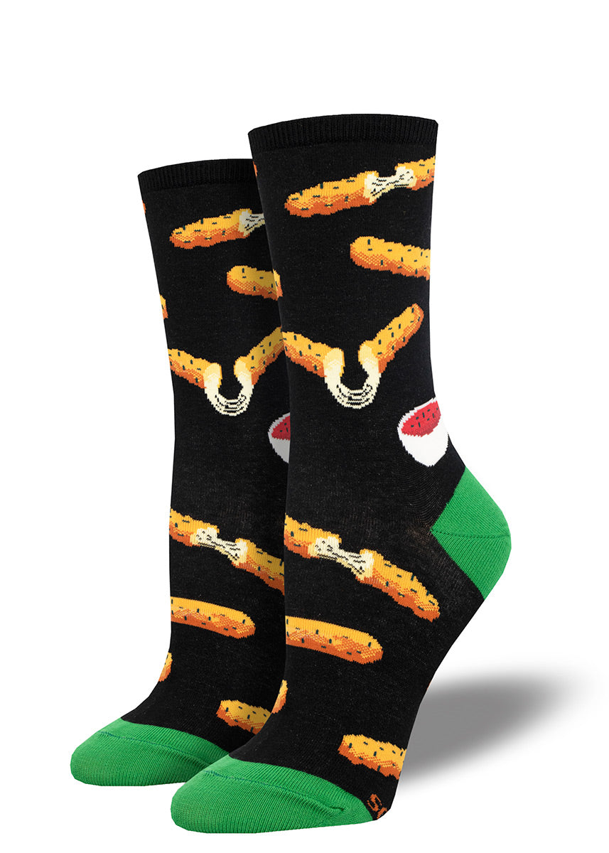 Black crew socks for women with an allover pattern of mozzarella cheese sticks alongside marinara sauce.