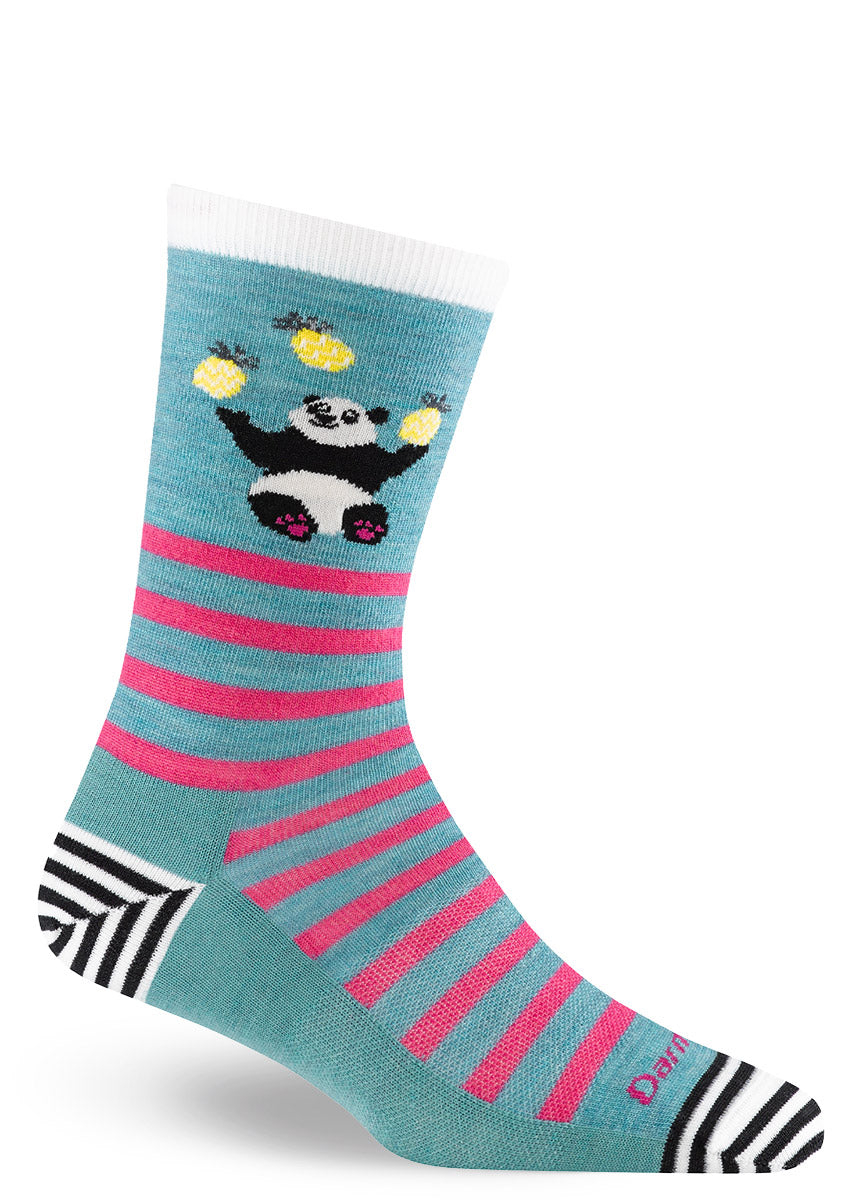 Blue and magenta striped crew socks for women with a juggling panda bear at the cuff and black and white striped accents on toe and heel.