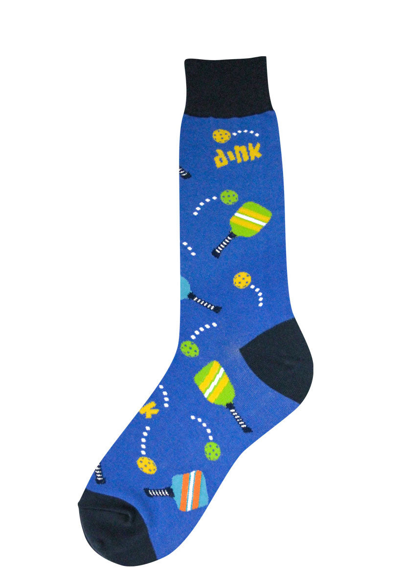 Blue novelty crew socks for men featuring a colorful allover pattern of pickleballs, paddles, and the word "dink."