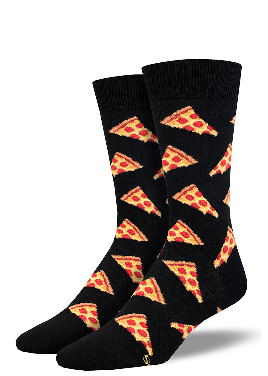 Black crew socks for men with an allover pattern of pepperoni-and-cheese pizza slices.