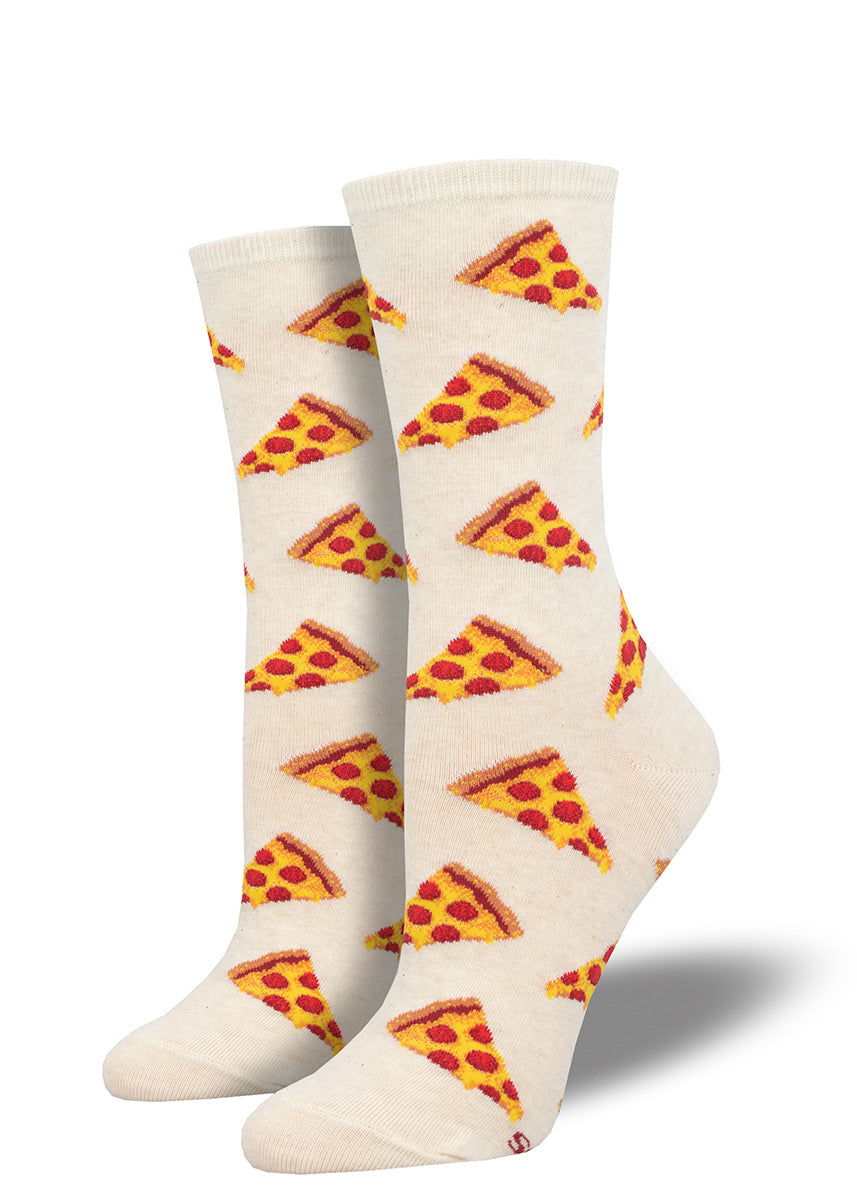 Cream crew socks for women with an allover pattern of pepperoni-and-cheese pizza slices.