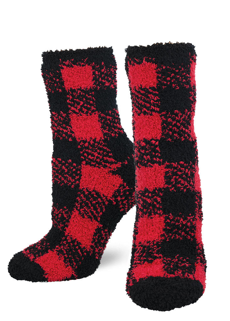 Fuzzy plaid crew socks covered in red and black squares, aka the buffalo check pattern.