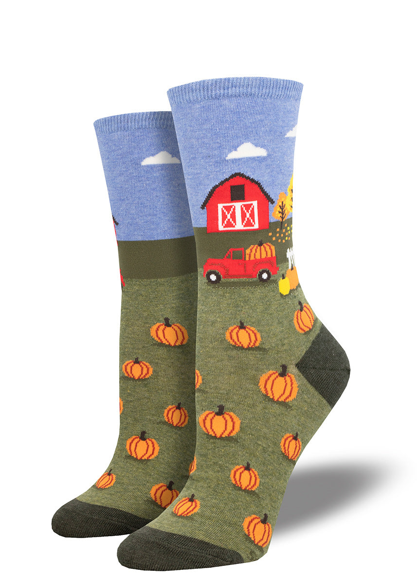 Fall pumpkin patch-themed crew socks for women feature a design that includes trucks hauling giant pumpkins, classic red barns and trees showing their autumn colors.