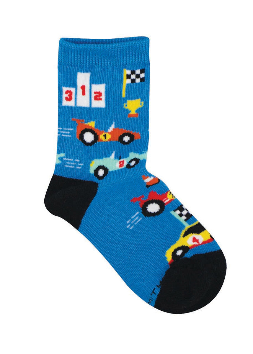 Blue children's crew sock with race car and trophy design on a white background.