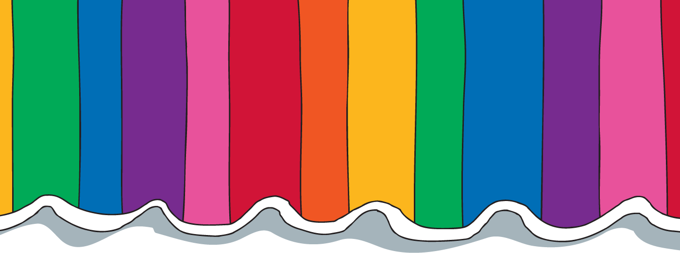 A rainbow-striped stage curtain drawing