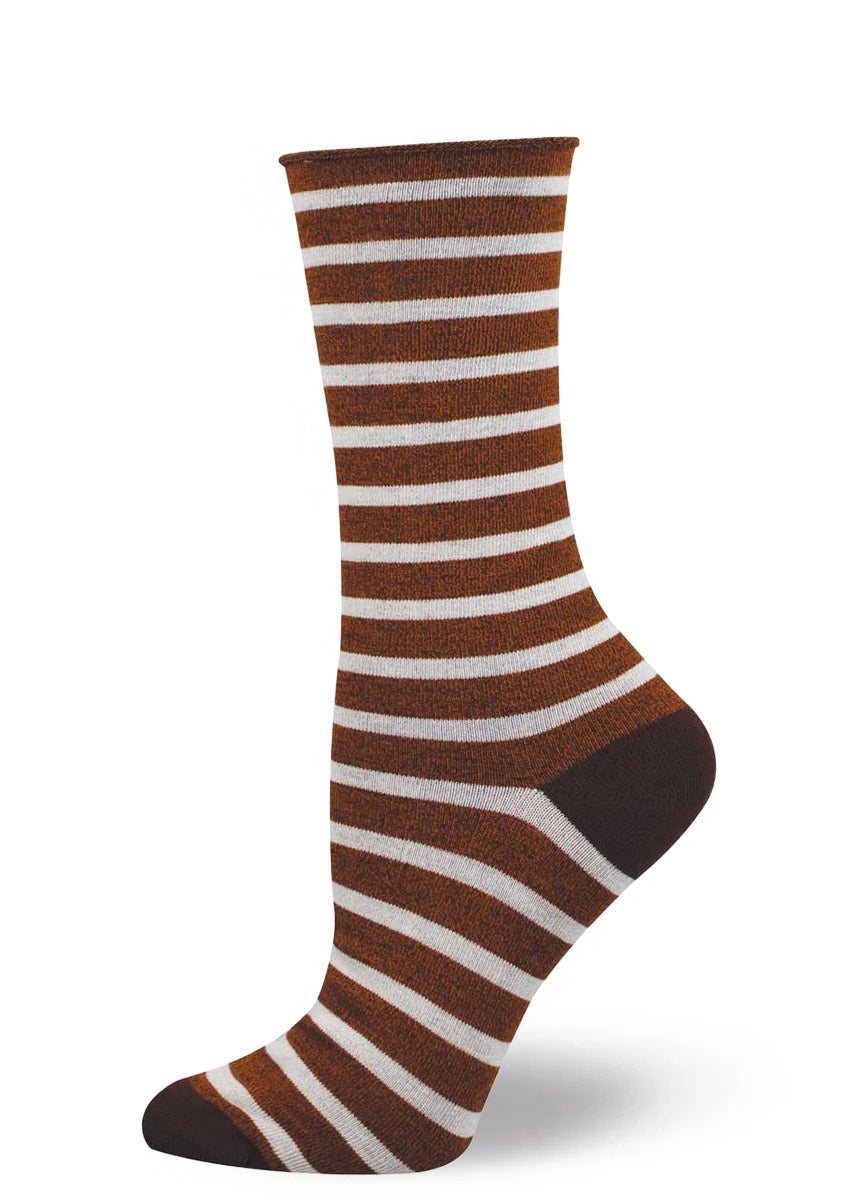 Bamboo sock for women in burnt orange heather with ivory stripes and a roll-top cuff. 