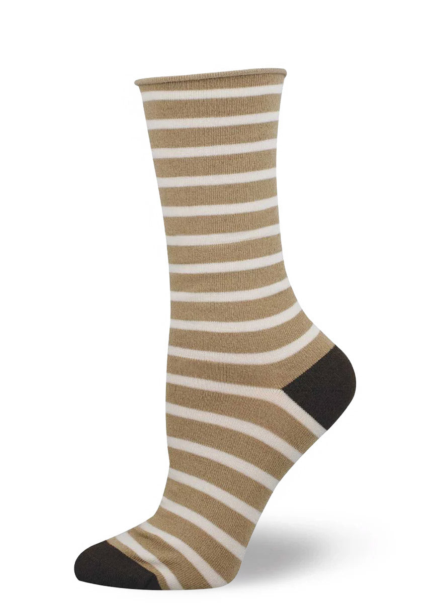 Bamboo sock for women in hemp heather with ivory stripes and a roll-top cuff. 