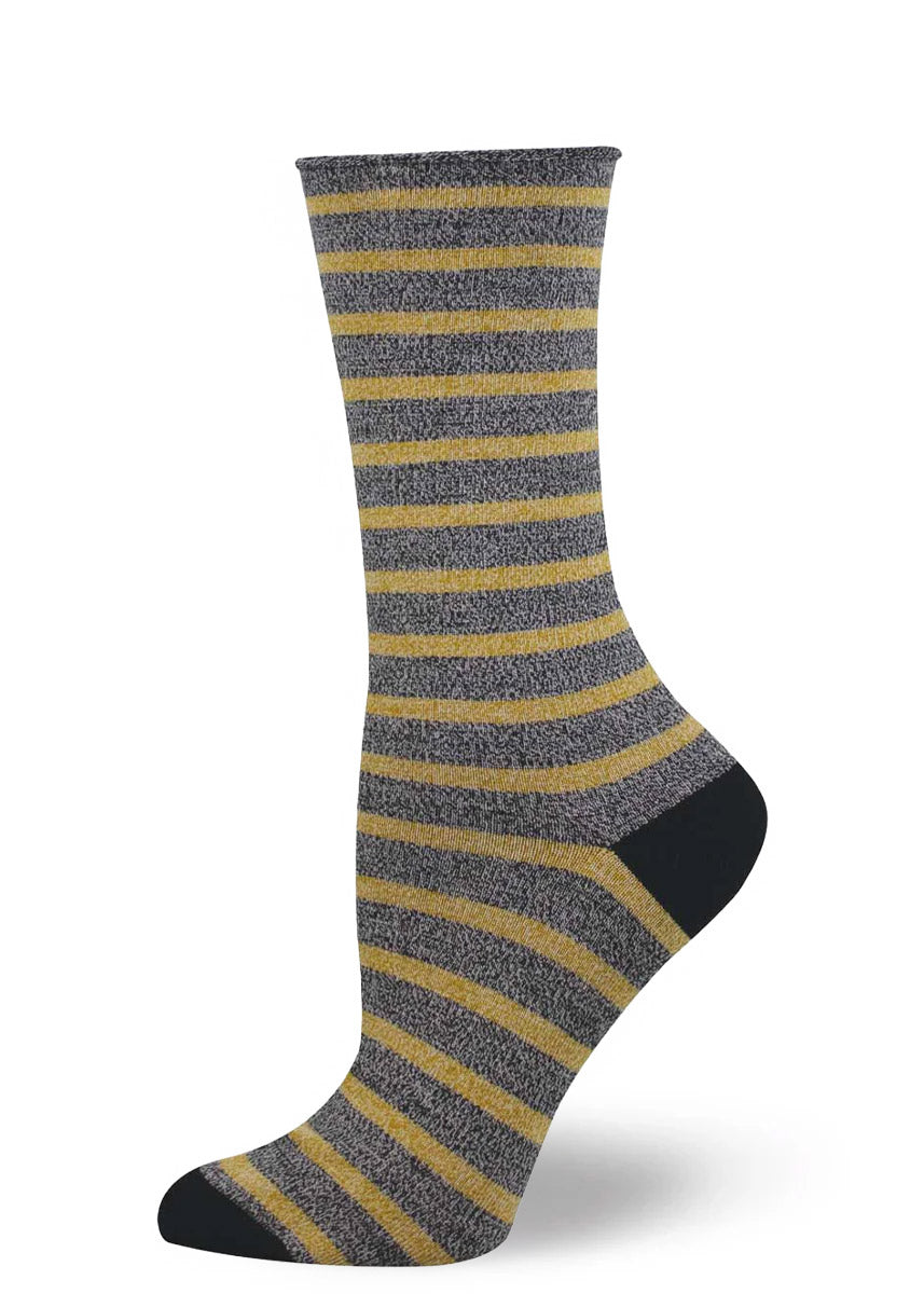 Bamboo sock for women in static gray heather with hemp color stripes and a roll-top cuff. 