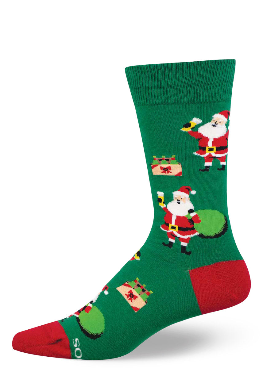 Green men's Christmas crew sock with an allover beer-themed Santa Claus design.