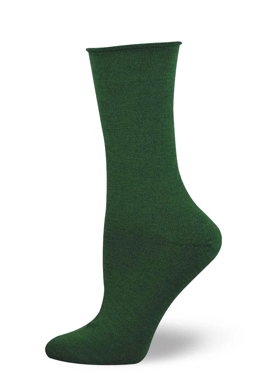 Solid green heather bamboo women&#39;s crew sock with a roll-top.