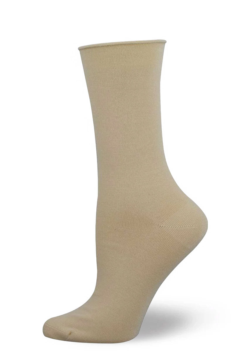 Solid ivory bamboo women&#39;s crew sock with a roll-top.