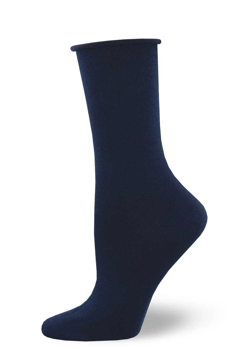Solid navy bamboo women&#39;s crew sock with a roll-top.