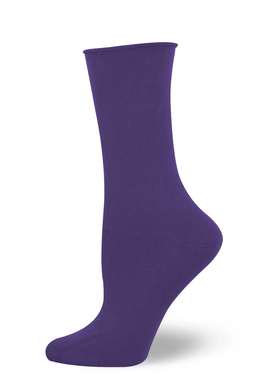 Solid purple bamboo women&#39;s crew sock with a roll-top.