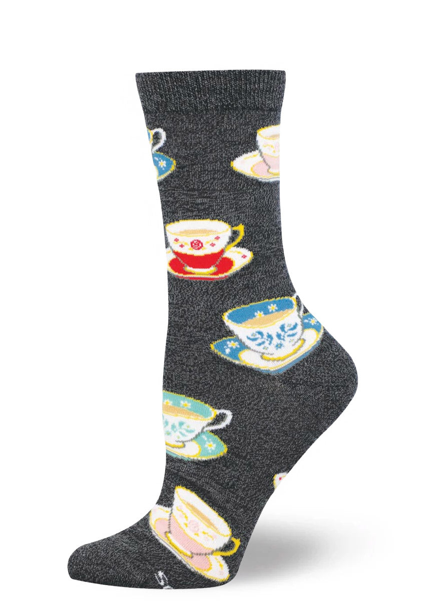 Heather charcoal women's crew sock with colorful teacup designs on a white background.