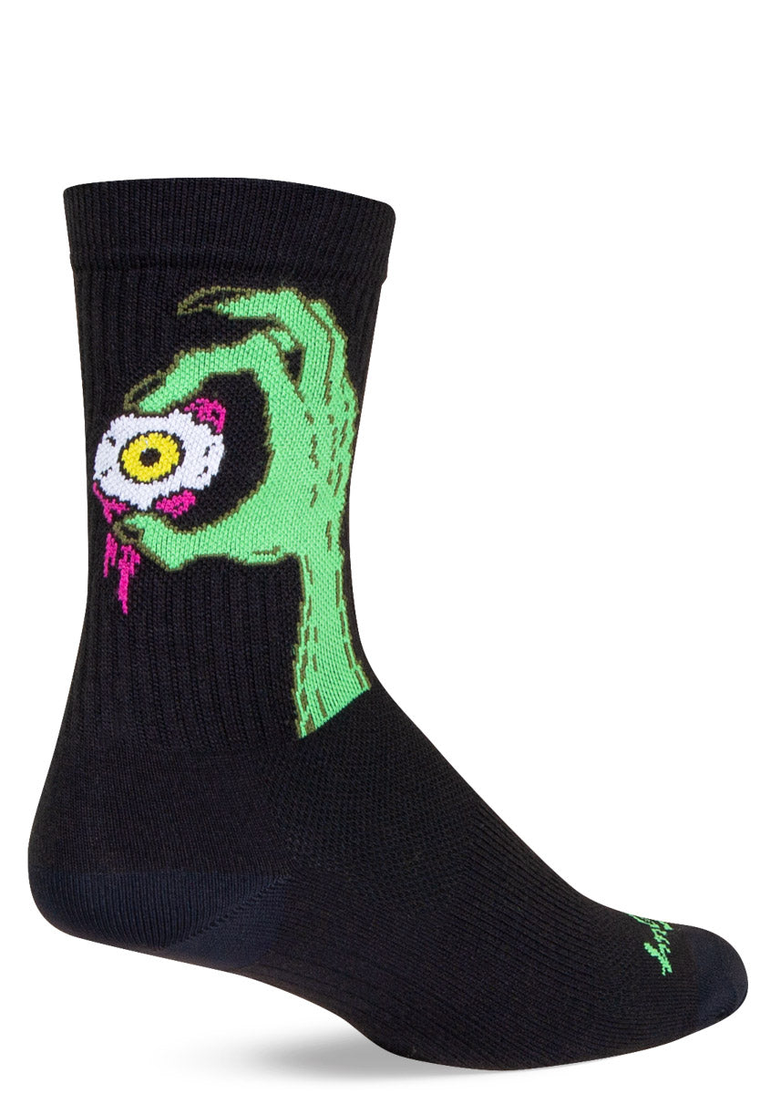 Black crew sock with a graphic of a green zombie hand holding an eyeball.