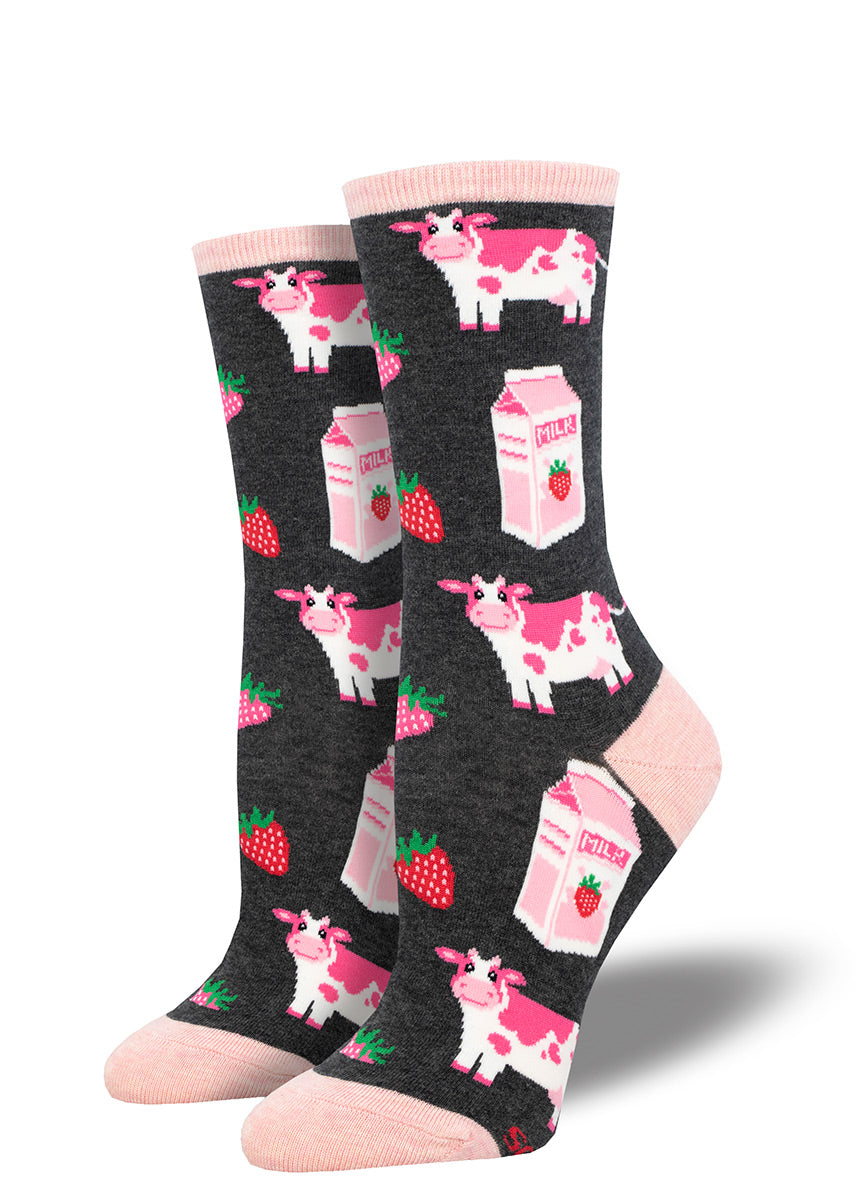 Charcoal gray heather women&#39;s crew socks with a strawberry milk-themed design complete with pink Holstein dairy cows.