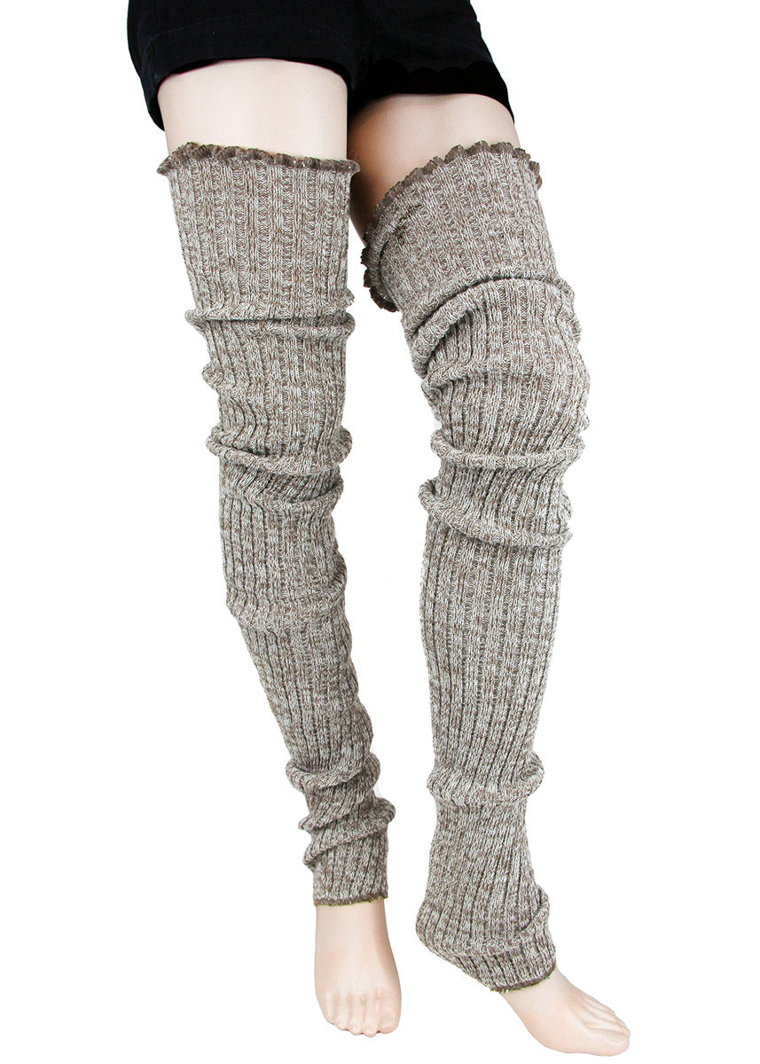 Oat color (taupe)  thigh-high ribbed leg warmers for women.