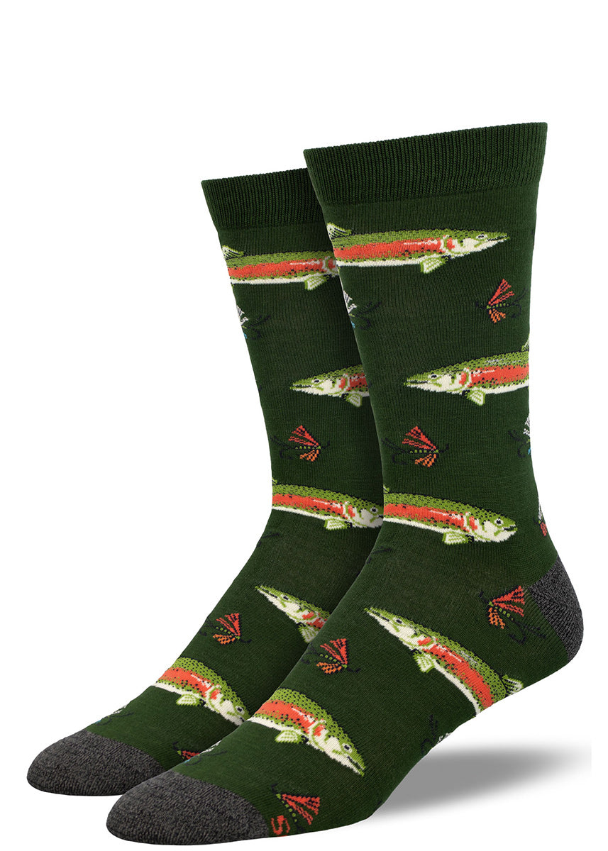 Dark green bamboo crew socks for men with an allover pattern of green and red trout and colorful fishing lures. 