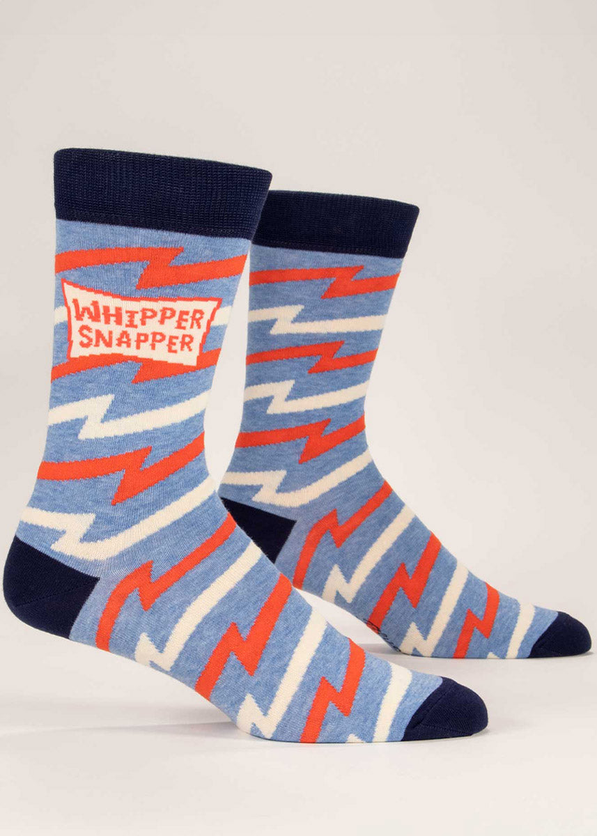 Novelty men&#39;s crew socks with allover lightning bolt stripes and the words &quot;WHIPPER SNAPPER&quot; in red and white over a heather blue background.