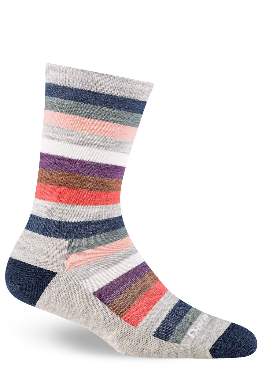 Heather gray wool striped sock with navy, coral, white, brown and purple stripes.