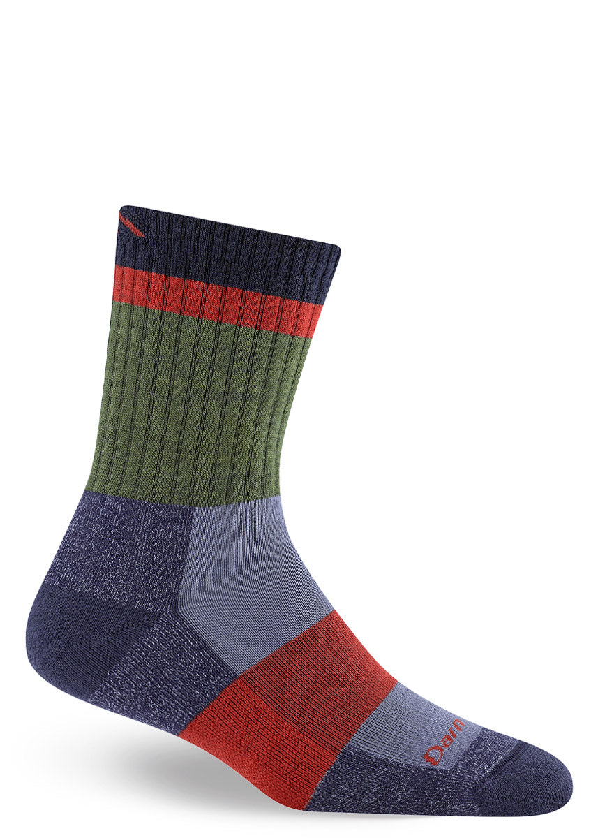 Color-blocked crew sock with red, green, and purple sections on a white background.
