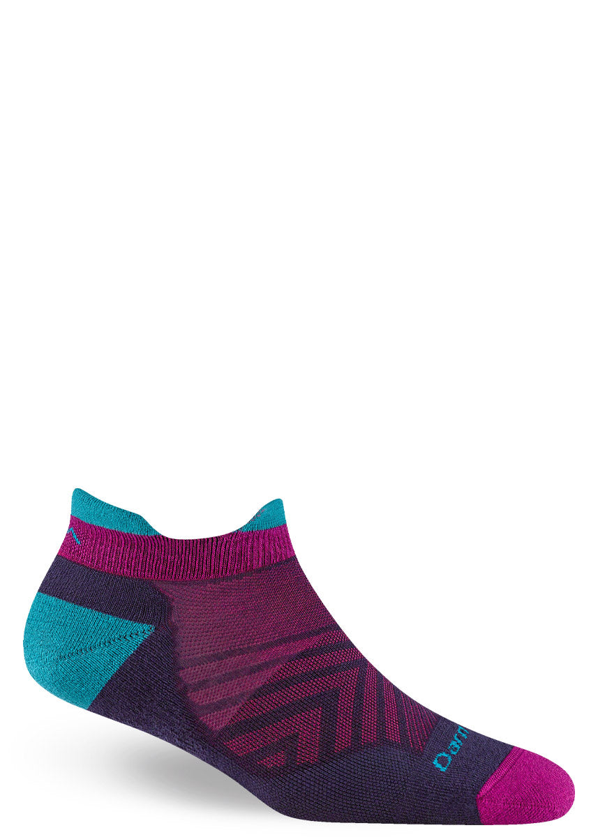 Running socks for women in dark purple with magenta and blue accents in a low-cut ankle profile with tabs at the front and back.