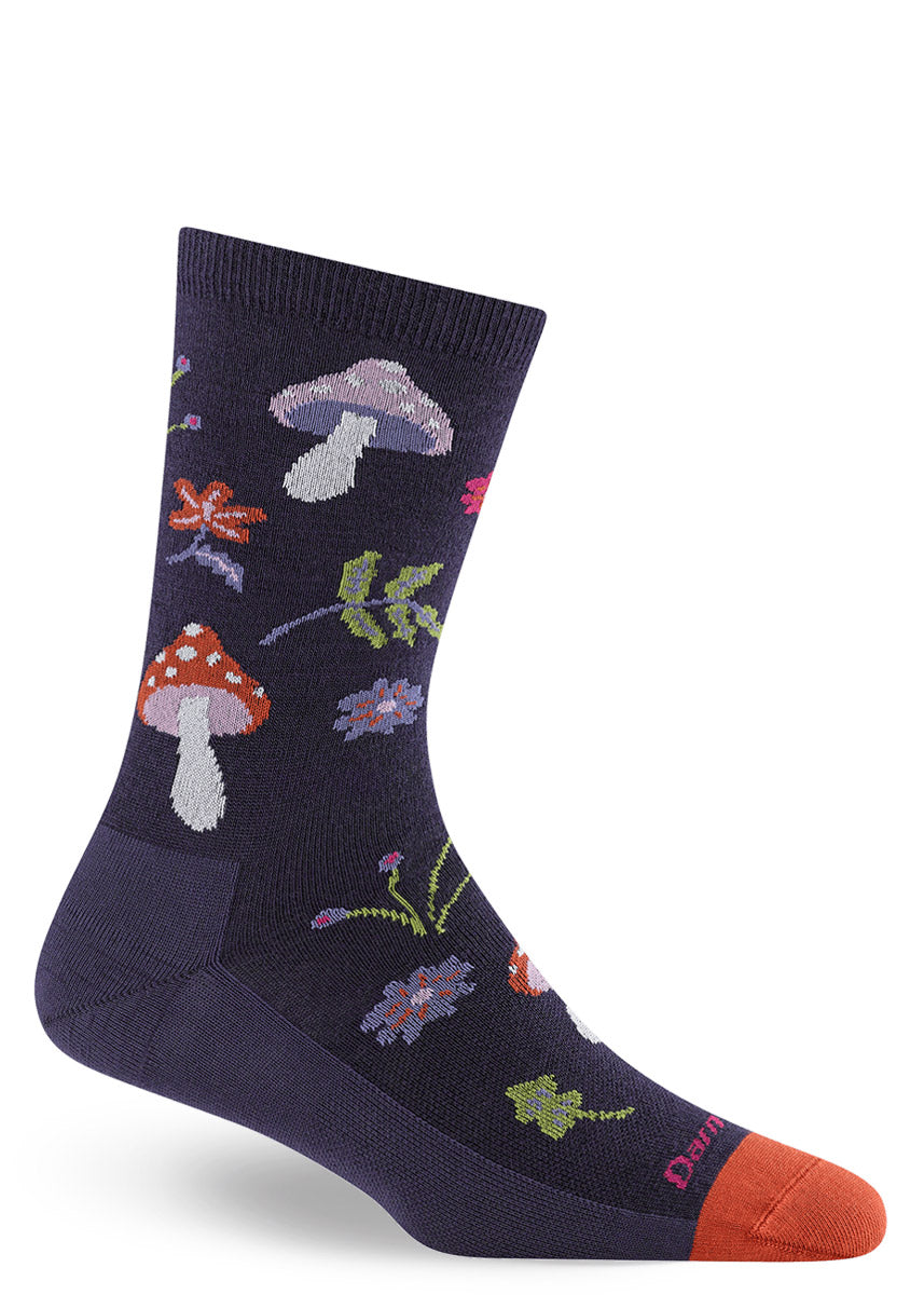 Dark purple crew sock with colorful mushroom toadstool and flower pattern on a white background.