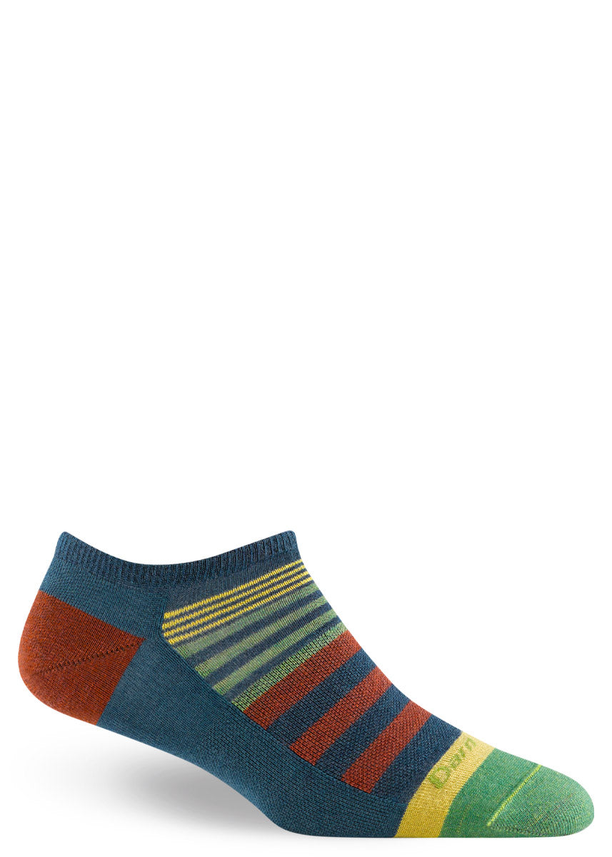 Low-cut wool ankle socks for women with dark teal, rust, green, and yellow stripes.
