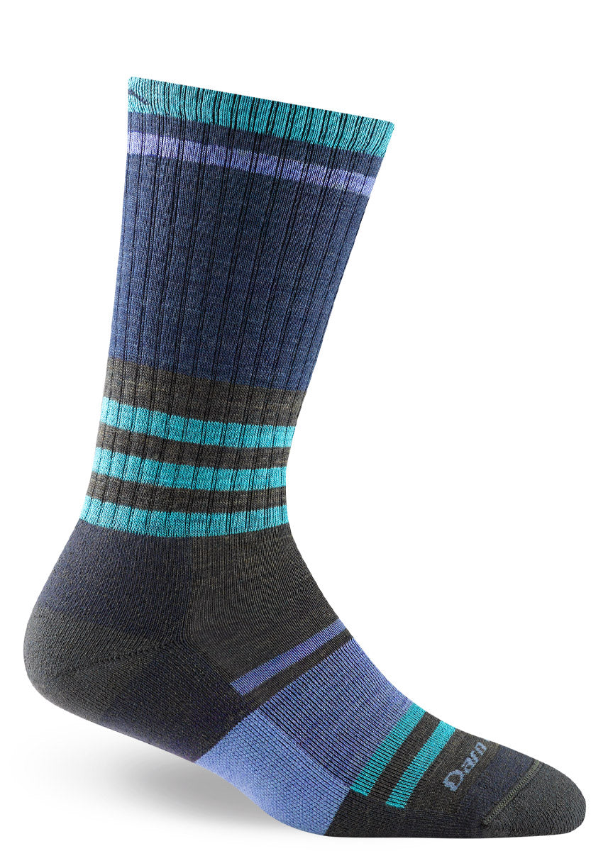 Navy, teal, sky blue, and dark olive green striped wool boot socks for women.