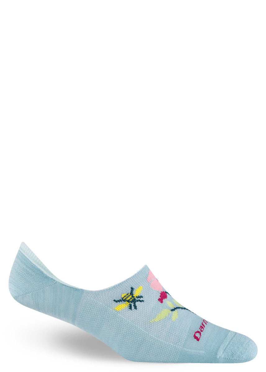 Light blue ankle sock with colorful bee and flower designs on a white background.