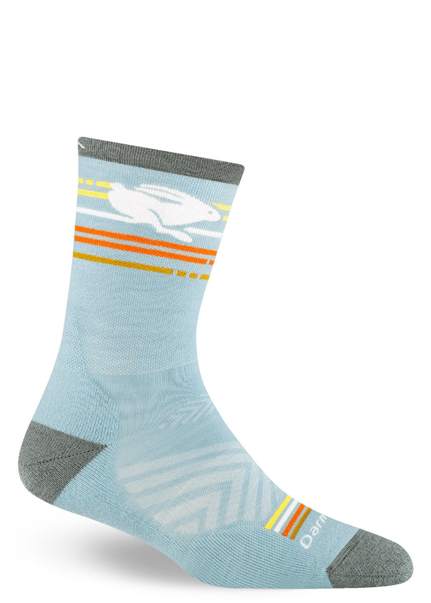Light blue crew sock with gray accents and a white rabbit design on a white background.