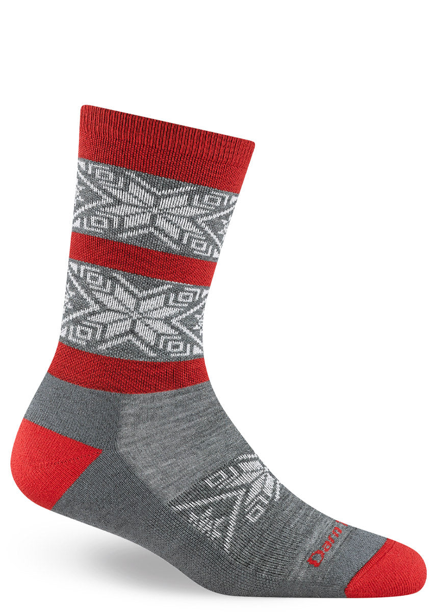 Gray and red-striped wool crew sock with geometric snowflake pattern.