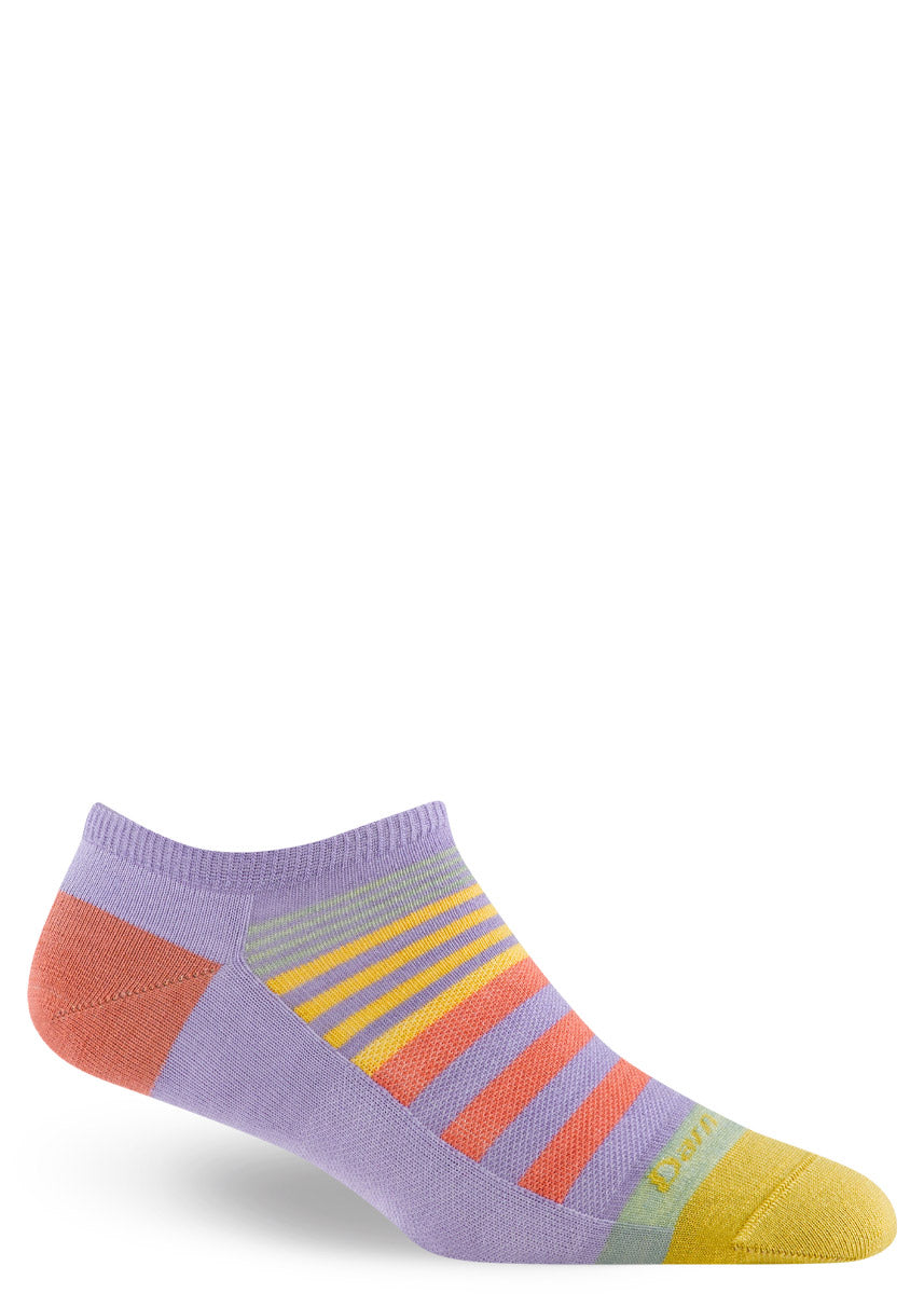 Low-cut wool ankle socks for women with lavender, coral, gold, and green stripes.