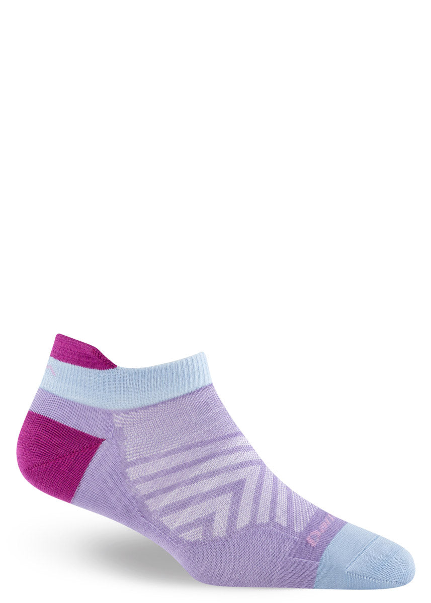 Ankle-length ultra thin running socks for women in shades of lavender, light blue, and pink.