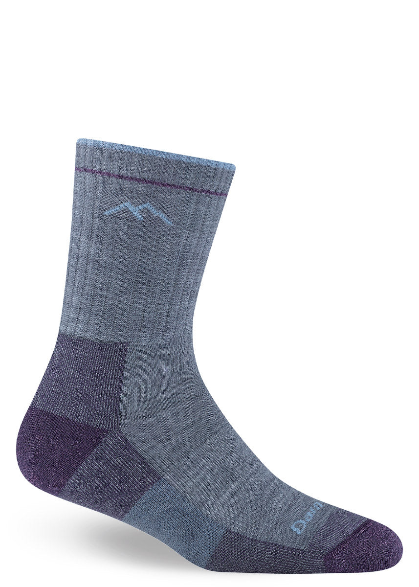 Dusty purple wool hiking socks for women in crew length, with deep purple and light blue accents on the foot.