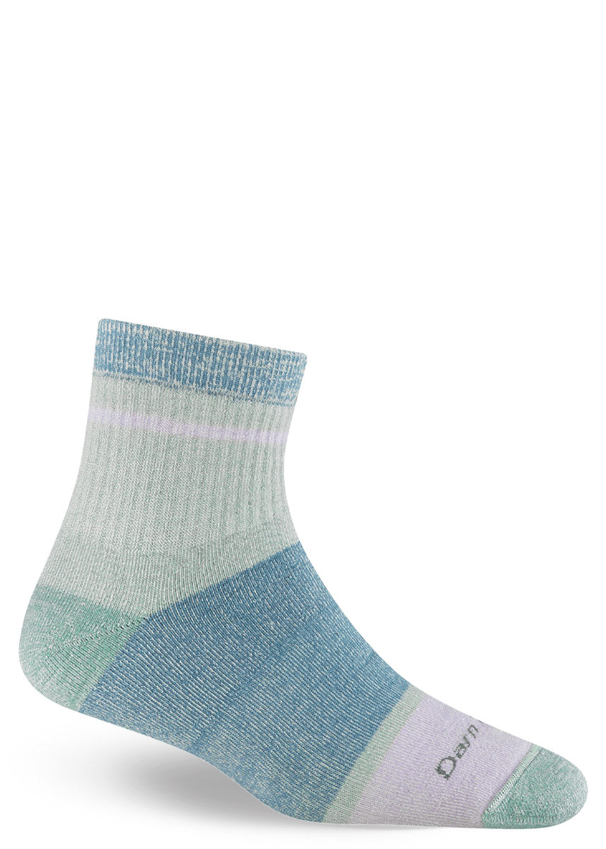 Merino wool lounge ankle socks for women in blue and green color-blocked stripes with light purple accents.