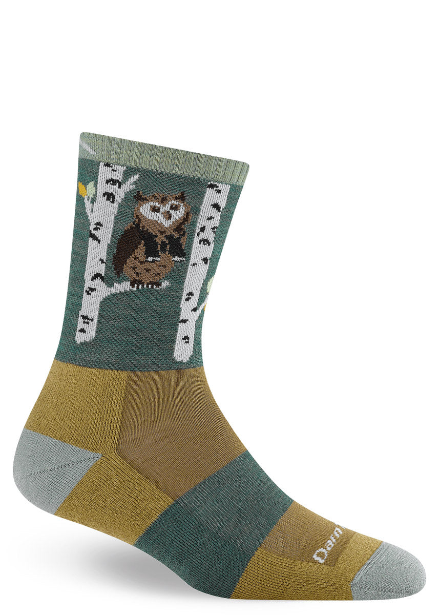 Teal and gold women's crew sock with owl design on a white background.