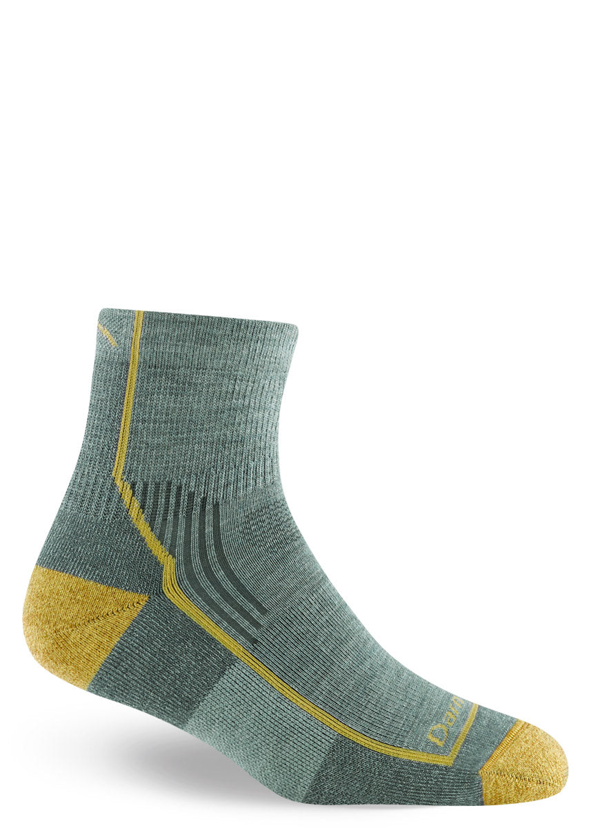 Sage green wool ankle socks for women with yellow accents.