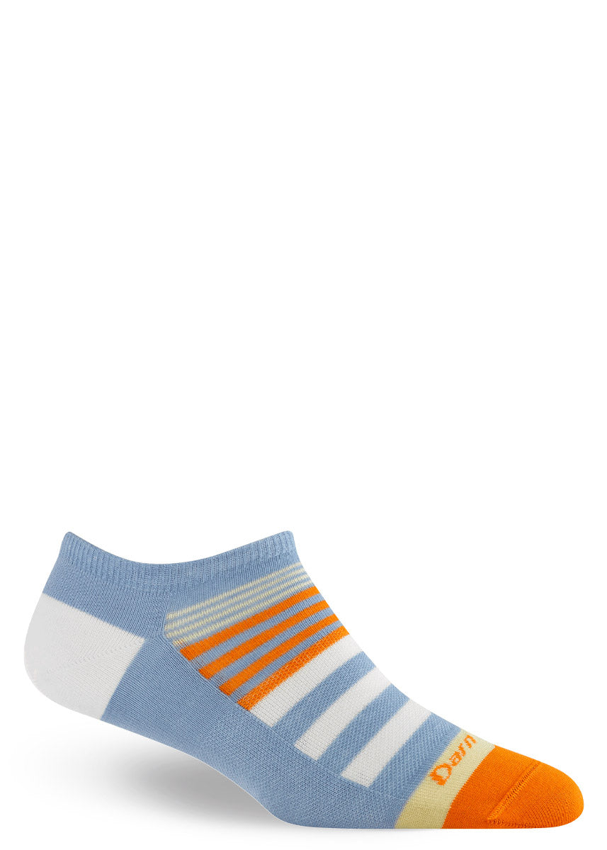 Blue ankle sock with orange and white stripes on a white background.
